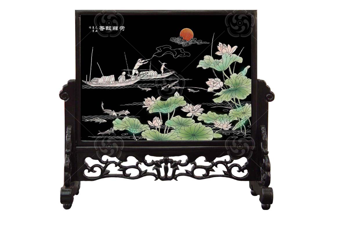 平磨螺鈿《荷藕飄香》臺屏